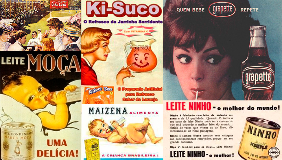Anúncios antigos de Kisuco, Grapette etc. Em outro, se vê um bebê tomando Leite Moça.