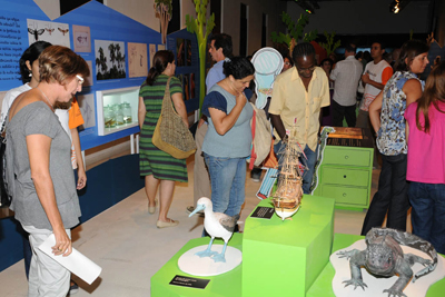Público observa exposição no fundo da imagem. No centro, à frente, réplica de um pássaro, miniatura do navio Beagle e réplica de uma iguana.   