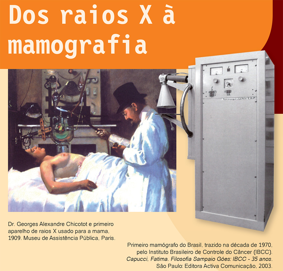 Painel mostra mulher em atendimento, ao lado de máquina de raios X