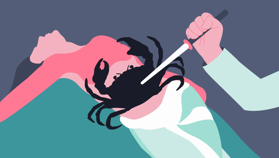 Ilustração que mostra a imagem de uma mulher deitada, de bruços, com um caranguejo no ventre e uma mão cravando um punhal no caranguejo, que representa o câncer