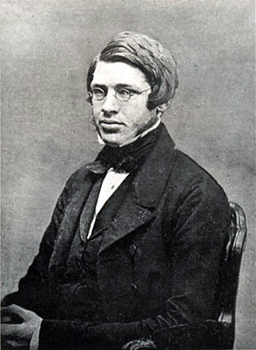 Retrato do naturalista inglês Wallace, de perfil, sentado, usando óculos e terno