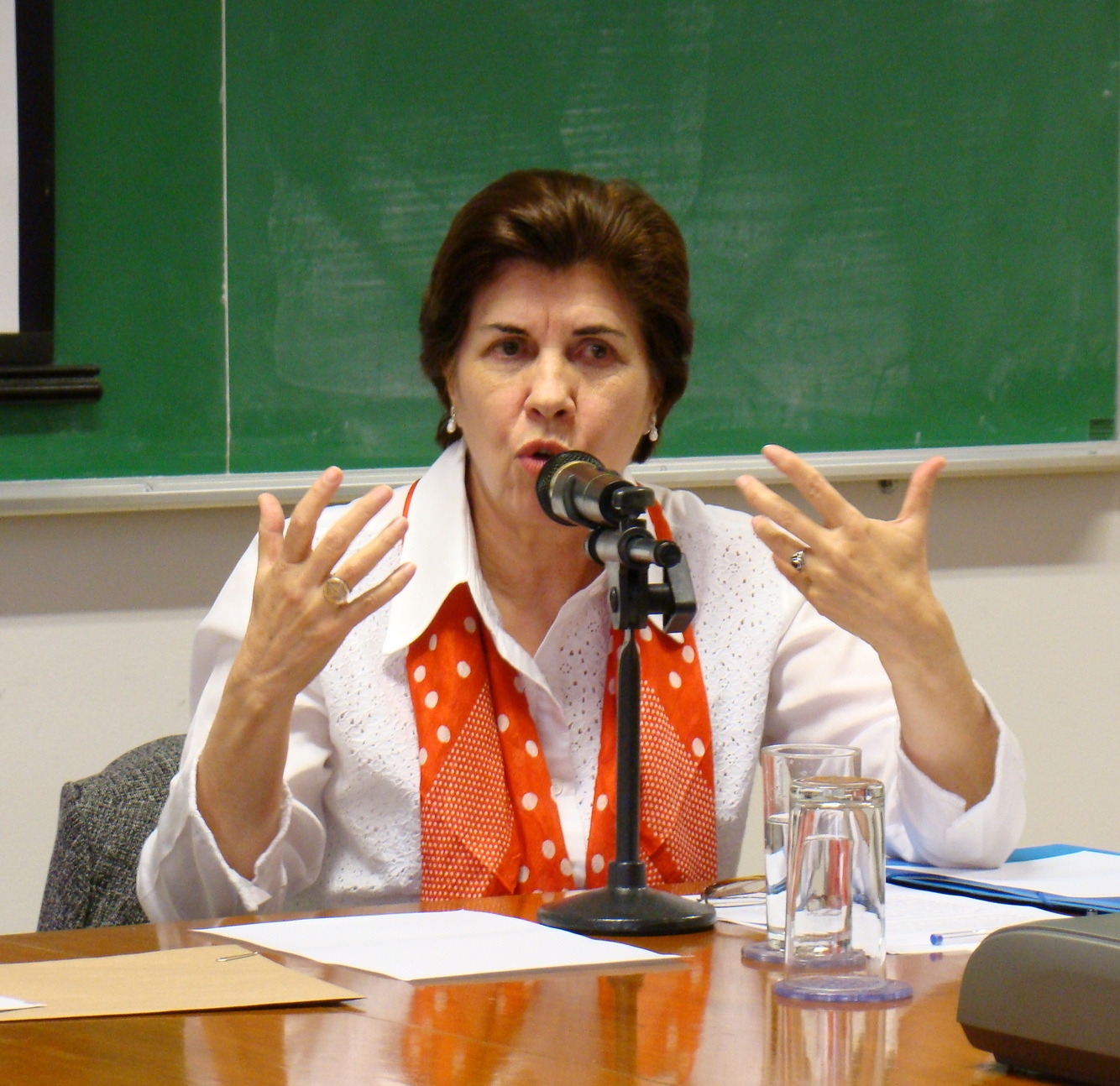 Maria Ligia em destaque, falando ao microfone durante a apresentação