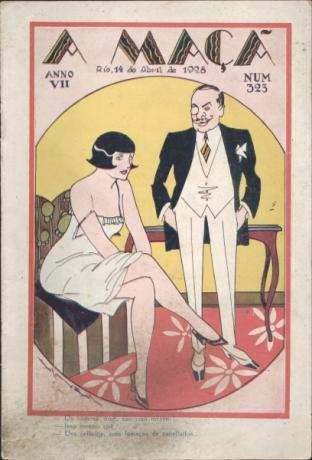 Capa da revista 'A Maçã'. Desenho de mulher sensual sentada com as pernas cruzadas. Ao seu lado e de pé está um homem que a admira.